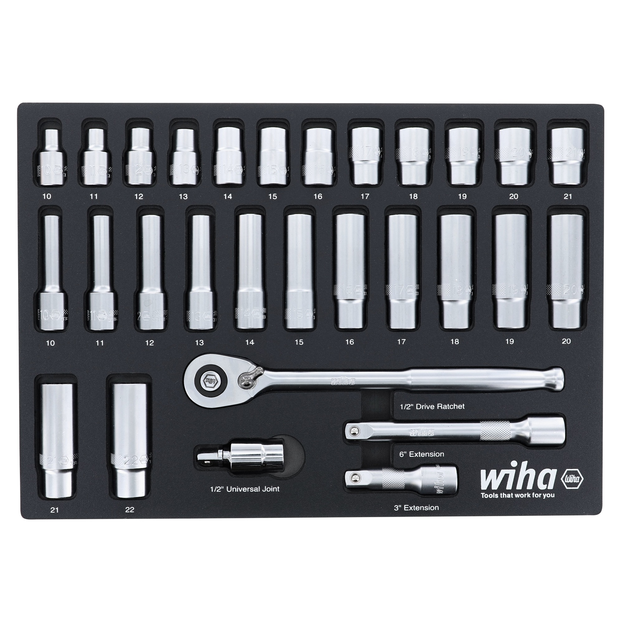 Wiha, 29 Pc 1/2” Drive Standard Deep Socket Set Metric, Measurement Standard Metric, Pieces (qty.) 30, Socket Set Type 1/2in. Drive Sets, Model# 33895